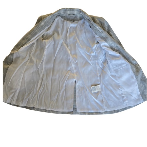 H&M Plaid Blazer Ruched Sleeve Open Front Women Size 6 Gray White - Picture 2 of 6